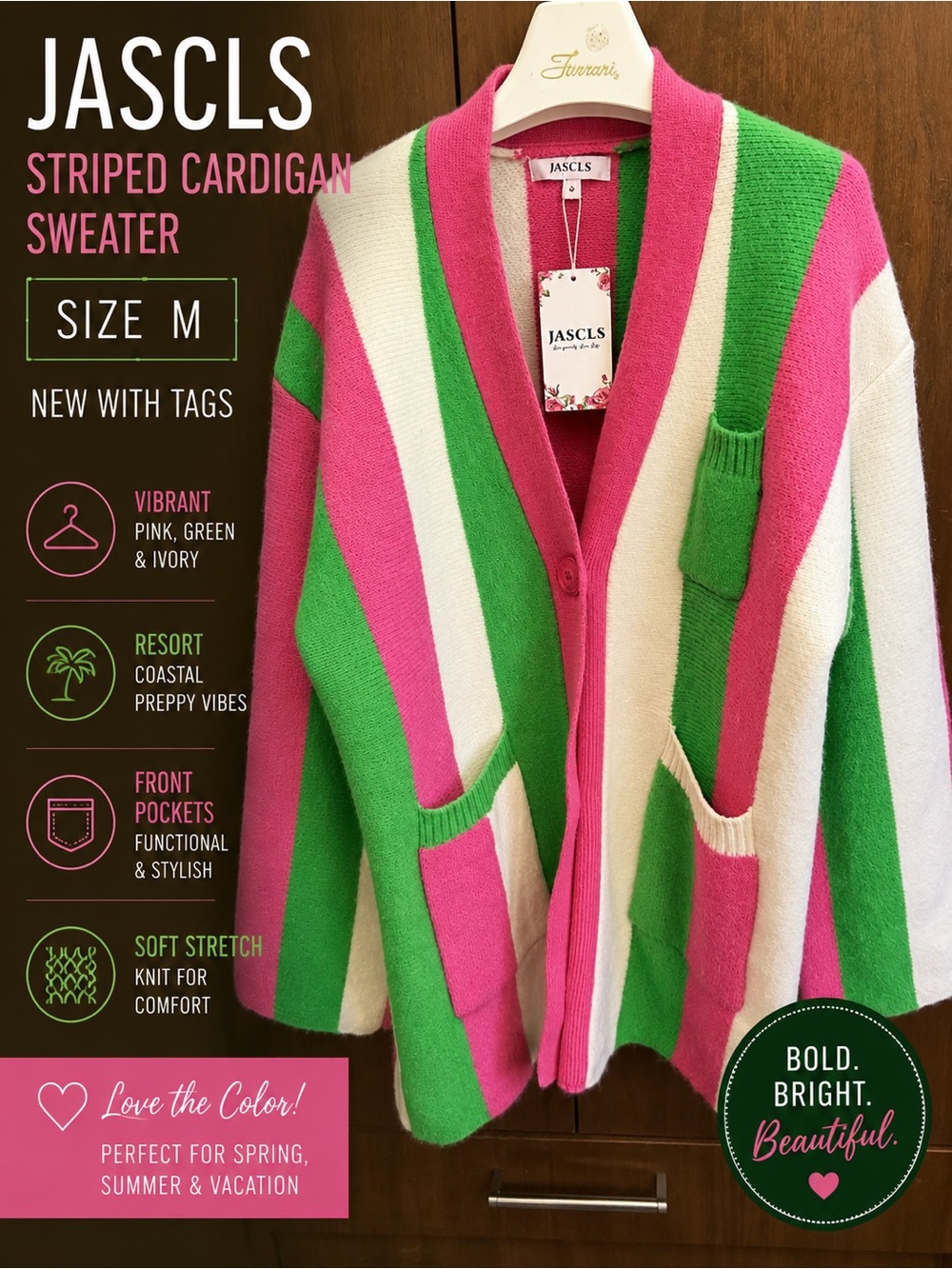 Jascls Pink, Green & Ivory Striped Open-Front Cardigan NWT